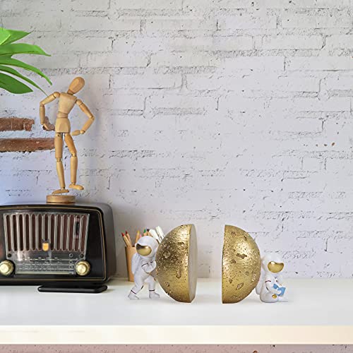 Banllis Heavy Duty Book End Decorative Bookends, Decor Book End For Shelves, Office Home Astronaut Moon Heavy Books Holder Gold, Idea Boys Kids Gift #TOP6