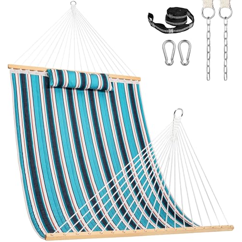 Image of Lazy Daze Hammocks 12 FT Sunbrella Fabric Quilted Hammock Double Sunbrella Quilted Hammock with Spreader Bars & Pillow, All Weather and Fade Resistant for Outdoor, 450 lbs Capacity, Token Surfside