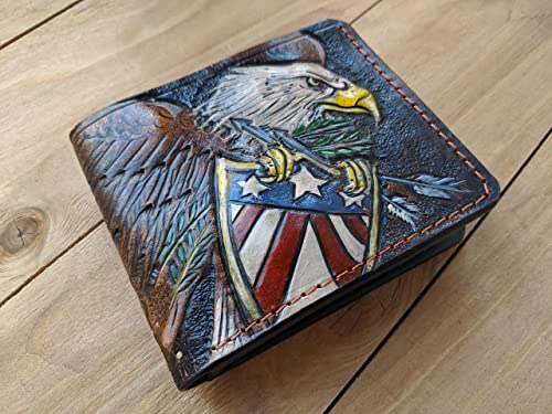 American Flag, Bald Eagle, USA Military, Coat of Arms, US Army Veteran's Day, Father's Day, Patriotic RFID Men's Bifold Wallet, Genuine leather wallet, Biker Wallet, Embossed wallet, Leather Purse, Handmade wallet, Airbrush Art, Custom wallet, Personalized wallet2