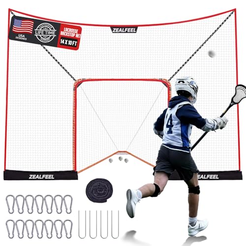 Lacrosse Backstop Net 14x10FT, Extra Large Coverage with 14mm Foam-Wrapped Fiberglass Pole for Shooting Training, 4-Strand Tear-Resistant Netting, Sandbag & Stakes(Lacrosse Goal NOT Included)