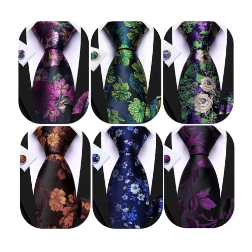 Image of Barry.Wang 6 PCS Men Ties Set Silk Business Fashion Woven Necktie Handkerchief Cufflinks Paisley Stripe Wedding Party