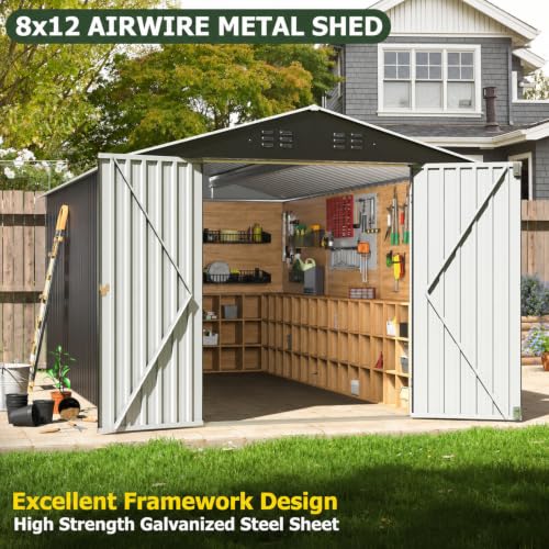 Image of AirWire 8x12 FT Outdoor Storage Shed | Garden Shed with Updated Frame Structure and Lockable Doors, Metal Tool Sheds for Backyard Garden Patio Lawn, Grey