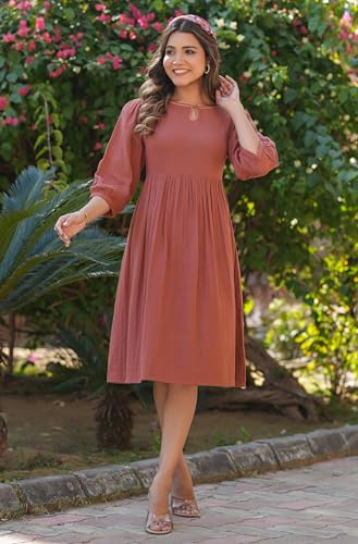 Image of Janasya Women's Rust Orange Pure Cotton Solid Fit & Flare Dress