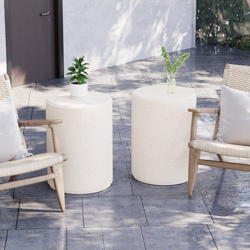 SUNBURY Outdoor Concrete Side Table, 20" H Outdoor End Tables, Cement Accent Table for Patio, Round Modern Garden Small Garden Stool for Patio, Backyard, Spotted White