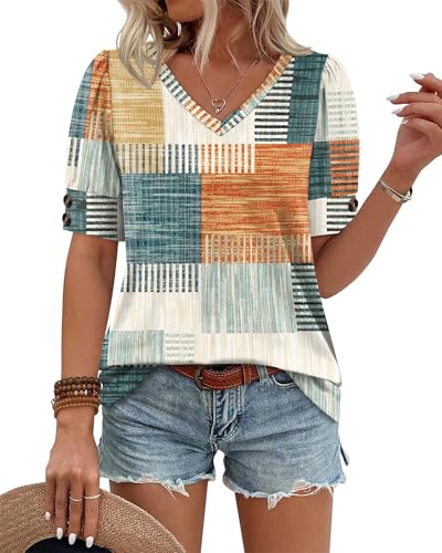 Image of OFEEFAN Womens Tops Short Sleeve Shirts Buttons V Neck Spring Fashion Summer Outfits Plus Size Blouses Dressy Casual