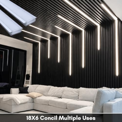 Image of Lighting 18x6mm LED Strip Lights 1 Meter Aluminium Rectangular Concealed Profile Light Channels with Diffused Cover, End Caps and Mounting Clips Without LED Straight Linear, (Pack of 4)