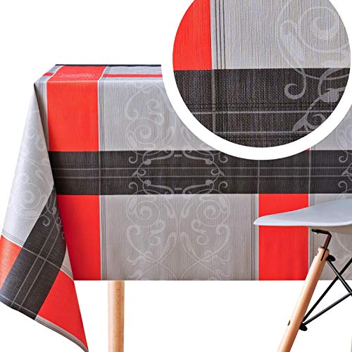 Élégant Gris Nappe Plastique Motif Luxe Damassé Floral Arabesque Noir et Rouge - Nappe Toile Cirée Rectangulaire 200x140 Epais Facile à Nettoyer Nappe PVC Essuyable Vinyle Nappe Ciree Rectangulaire