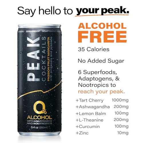 Image of Peak Cocktails Non Alcoholic Drinks, Adaptogen, Passion Fruit 48 Pack | Passion Fruit Margarita: calming ashwagandha, tart cherry, L-theanine; recovery, sleep & mood, non-alcoholic, zero proof