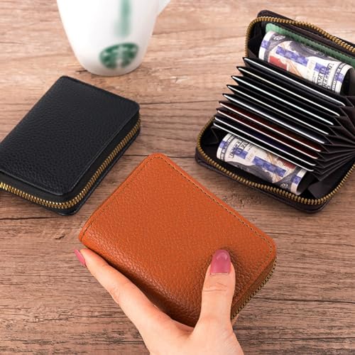 Women and Men Lychee Pattern Credit Card Holder with Zipper,11 Cards Slot Case for ID Card Coins(Brown)2