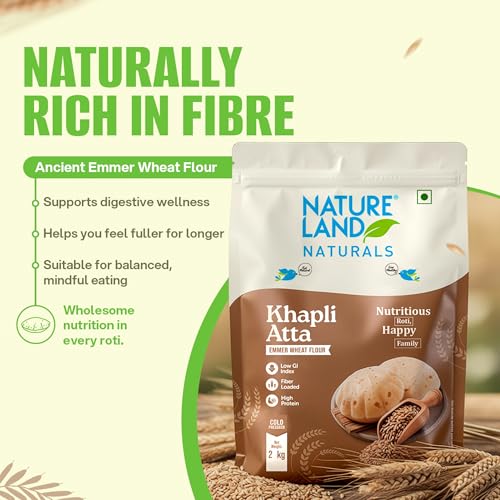 Image of Natureland Naturals Khapli flour 2 kg- Low-Gluten Wheat Flour | High Dietary Fiber for Easy Digestion | Stoneground Emmer | Khapli Atta