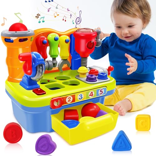 Image of SYAOMUNLY Baby Toys for 1 Year Old Boy Girl Musical Learning Workbench for 1 2 Year Old Boy Birthday Gift Early Educational Sound Shape Toddler Toys Age 1-2 Tool Set for Kids 12-18 Months