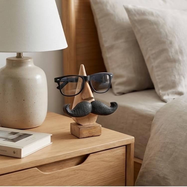 Wooden Nose-Shaped Eyeglass Holder with Mustache - Mango Wood Spectacle Stand, Fun Novelty Design image 3