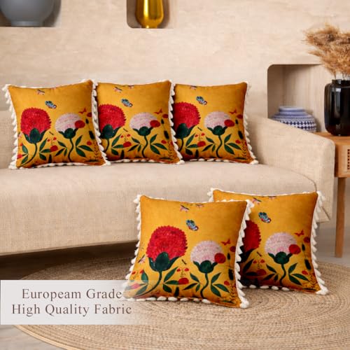 Image of STITCHNEST 'Little Meadow Series' Tassled Cushion Cover | Set of 5 | Floral Cushion Cover 16 inch x 16 inch