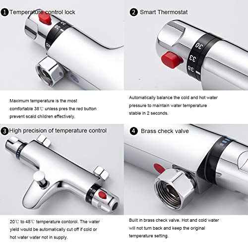 Thermostatic Bath Shower Mixer Tap, AIMOYO Thermostatic Bath Mixer Taps with Shower, Solid Brass Thermostatic Bathtub Shower Mixer Bar Valve, Deck Mounted Thermostatic Bath Tub Taps, 180mm - Image 6