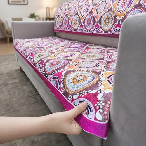 Image of Homerz Premium 5 (3+1+1) Seater Velvet Sofa Panel Cover with Digital Prints | Anti-Slip Backing (Pink Rangoli, 5 (3+1+1) Seater with Back)