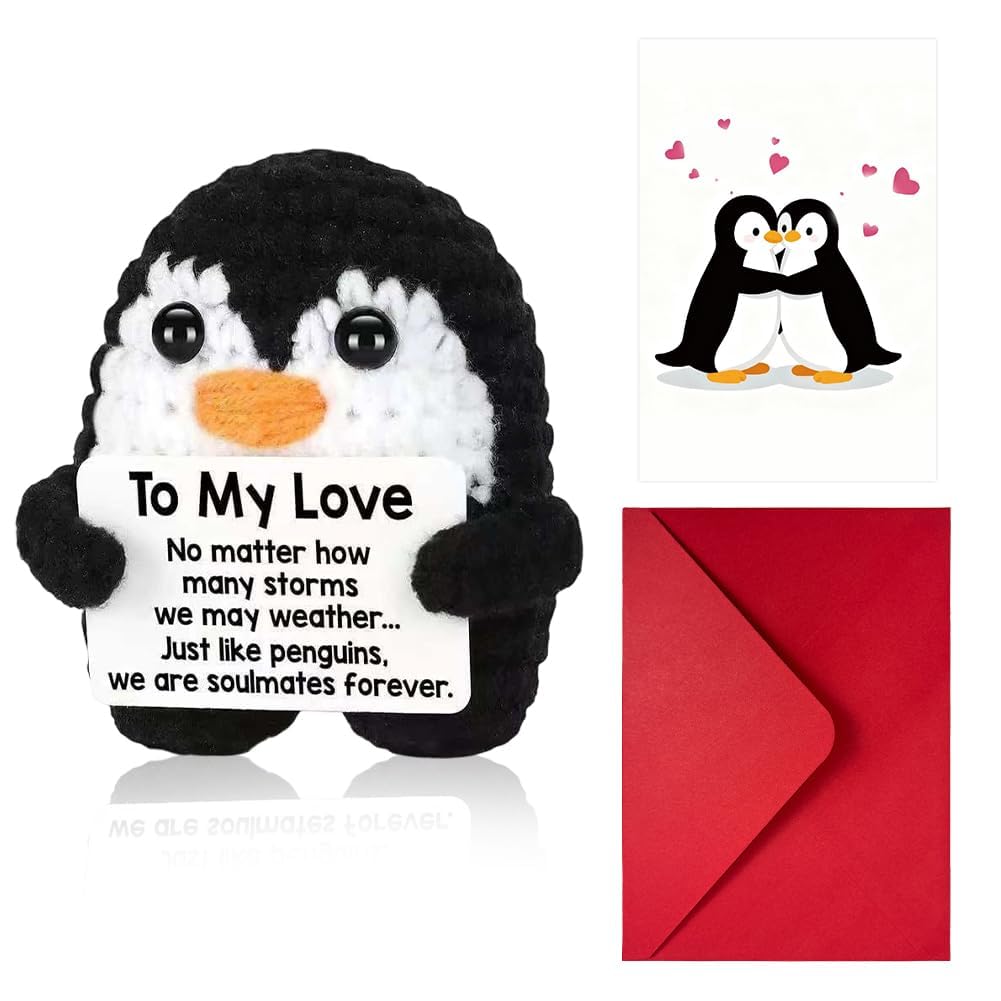 Vexthorion Black And Red Handmade Crochet Penguin Gift With Greeting Card, Mini Positive Penguin,Inspirational Positive Crochet Animals With Motivational Card Handmade Emotional Support Gift For Him Or Her