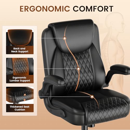 Image of GTPLAYER Leather Office Chair, Home Desk Chair with Flip-up Arms and Ergonomic Back - Comfy Heavy Duty Executive Chair for Home Office Gaming, Black