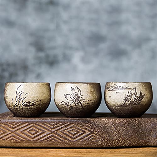 ETomey Pottery Coffee Tea Cup，Coffee Mugs ， 3 Pcs Japanese Coarse Pottery Handmade Tea Cup Ceramic Hand-Painted Fu Master Cup Creative Retro Carved Office Tea Cup Tea Set