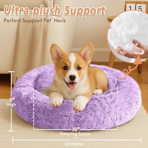 Image of JOLLYVOGUE Calming Dog Bed for Small Dogs - 23 inches Donut Washable Small Dog Bed for Kittens & Puppies, Anti-Slip Round Fluffy Plush Faux Fur Cat Beds (Fits up to 25 lbs Pets, Purple)