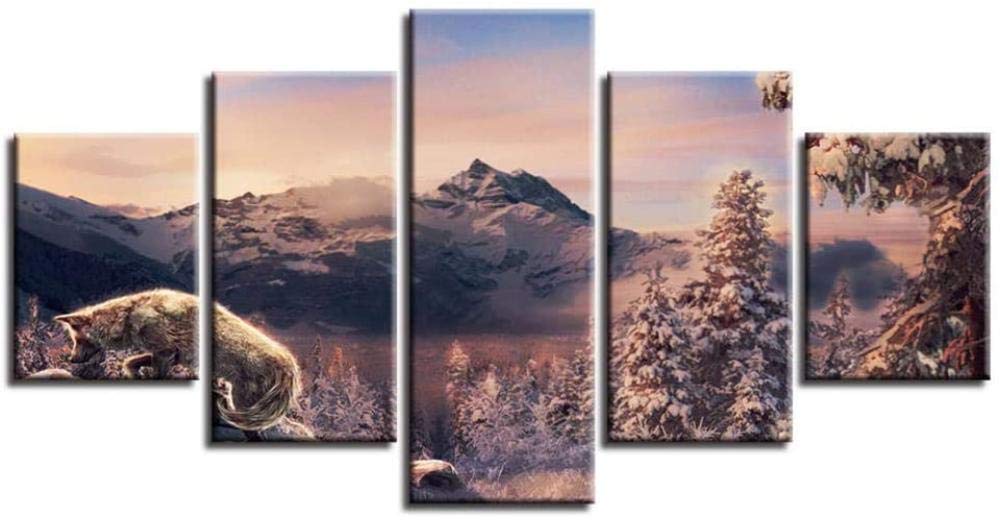 QQYYYT HD Canvas Picture Posters 5 Animals Wolf Mountain Natural Landscape Painting Printing Living Room Mural Decoration-Art Gift-Ready to Hang