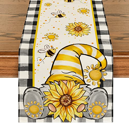 Artoid Mode Buffalo Plaid Sunflower Gnomes Bee Summer Table Runner, Seasonal Kitchen Dining Table Decoration for Home Party Decor 13x72 Inch