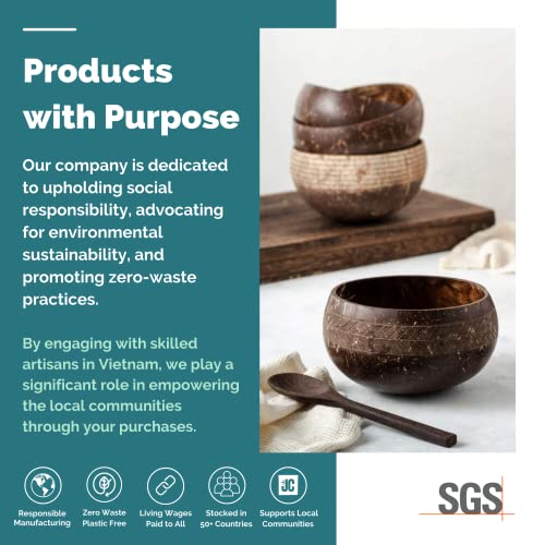 Jungle Culture® Set di 2 Ciotole in Noce di Cocco con Cucchiai, 2 Cannucce di Bambù • Ciotola de Legno per servire l'insalata, Frullati di Acai Pasta Cereali • 100% Prodotto Naturale - immagine 6