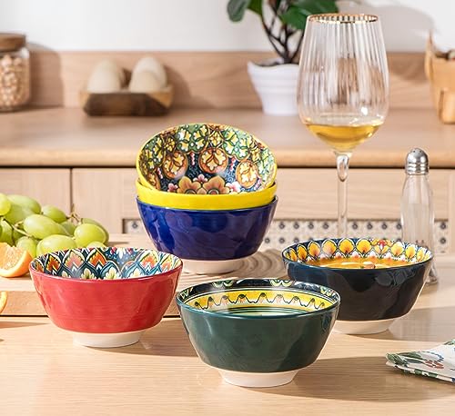 Soup Bowls, Set of 6 Porcelain Bowls - 12 OZ, Serving Dishes for Dessert, Soup, Cornflakes, Ice Cream, Bohemian Style Table Service - Multi-Coloured