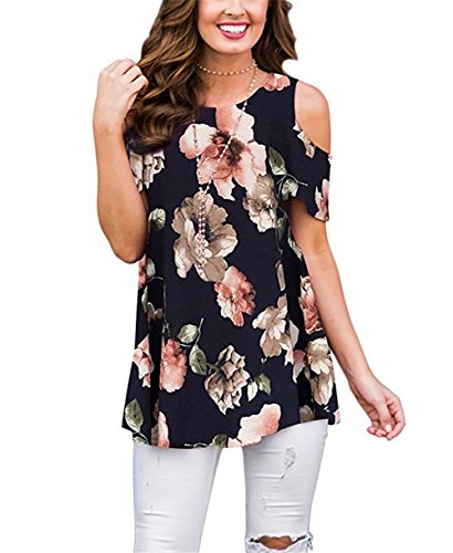 Luranee Camisa feminina de ombro vazado manga curta gola redonda floral túnica, # Navy Flowers, X-La