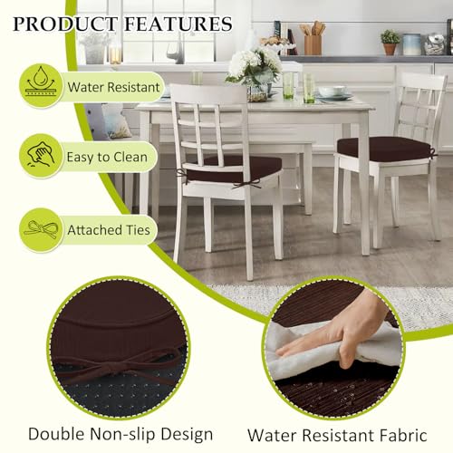 Image of Chair Cushions for Dining Chairs, Indoor Chair Cushions with Ties，Waterproof Chair Pads Set of 6, Brown, 17x16x2.5 Inch