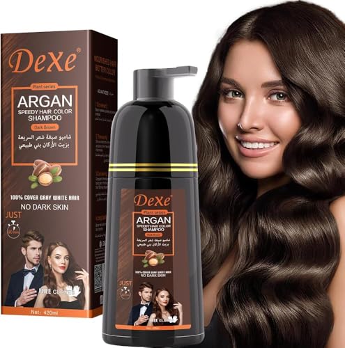 Dexe Argan Speedy Hair Color Shampoo 420ml 20 Min Grey & White Coverage 100% Coverage Formula No Skin Staining Free Gloves Easy 2-in-1 At-Home Hair Dye for Men & Women (Dark Brown)