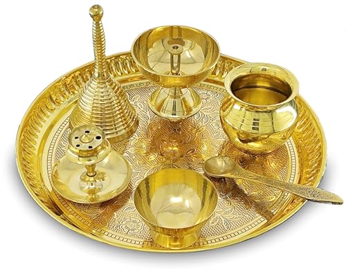 Image of BENGALEN Brass Pooja Thali Set 8 Inch Puja Thali with Pital Plate Kalash Piyali Diya Ghanti Dhup Dan Chandan Wati Palli Arti Thali for Diwali Home Office Mandir Wedding Return Gift Items