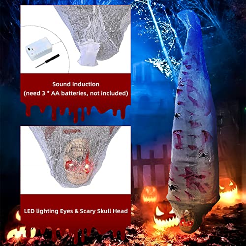 Halloween Decorations Cocoon Corpse, MAOYUE Halloween Props 72 Inch Hanging Corpses with LED Skull Eyes, Spider Cover and Sound Induction, Outdoor Props Decor