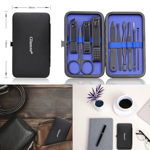 Image of Glamne Manicure Set Nail Clippers Kit Professional Stainless Steel Nail Care Tools with Leather Travel Case 10 in 1 Blue