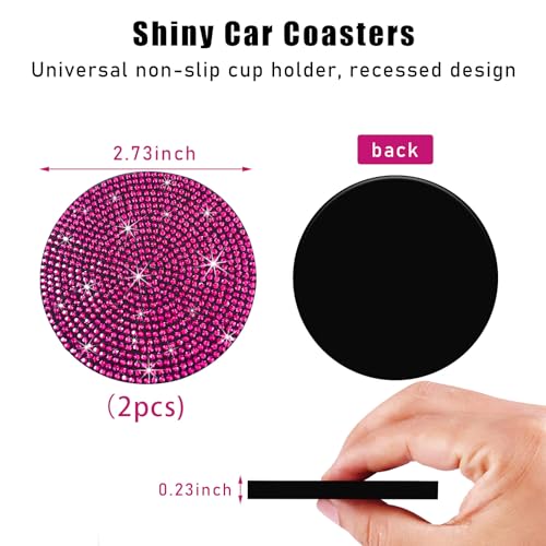 Image of Ziciner 2PCS Bling Car Cup Holder Coaster, 2.73 Inch Anti-Slip Cup Insert Coasters, Crystal Rhinestone Auto Drink Cup Mat, Universal Interior Decor Car Accessories for Women Girls (Rose Red)