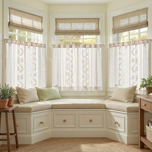 Image of jinchan Beige Floral Linen Kitchen Tier Curtains 36 Inch, 2 Panels
