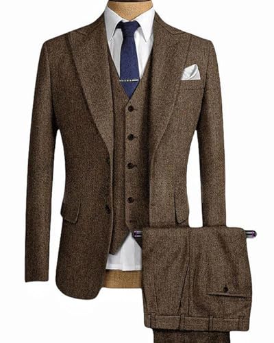 ORBITRAY Men's 3 Pieces Tweed Plaid Suit Blazer Vest Pants 2025 Herringbone Suits for Men4