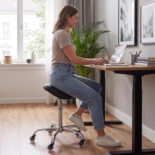 Image of VEVOR Saddle Stool with Wheels, 500 lbs Weight Capacity, Height Adjustable, Quiet Casters, Ergonomic PU Leather Seat, 360 Swivel Saddle Stool Rolling Chair for Salon, Spa, Bar, Home, Medical, Black