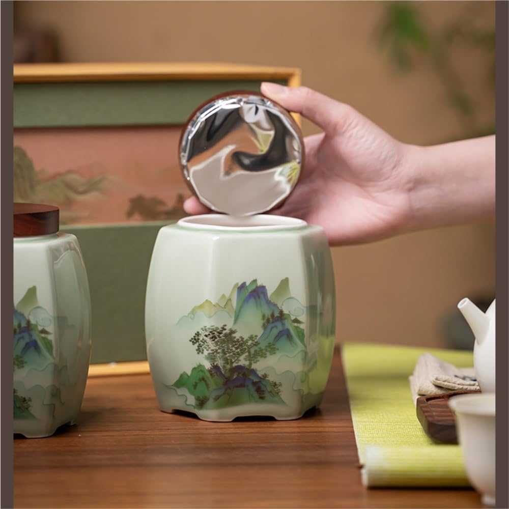 Recipiente Hermético para té Recipiente de cerámica for almacenar té a Granel, Tarro Sellado for condimentos Cocina, Juego Chino Retro, Caja Regalo con Doble