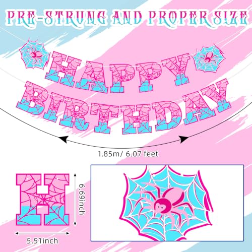 Image of Oudain Spider Theme Birthday Banner Pre-strung Web Flags,Pink Blue | Cartoon Backdrop Design, Happy Birthday Bunting for Party Supplies, Easy Hanging Decor for Themed Celebration