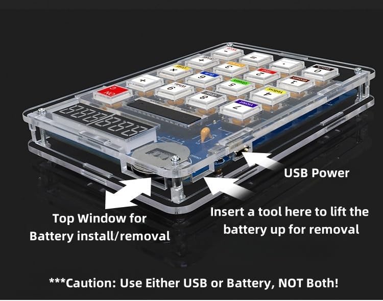 Side view of the calculator showing USB power port and battery access.