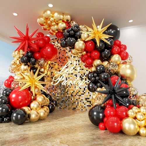 Image of 153Pcs Red and Black Gold Balloons Garland Arch Kit with Stars - 22 18 12 10 5 inch Different Latex Balloons for Anniversary Casino Night Hollywood New Years Movie Night Prom Party Decorations
