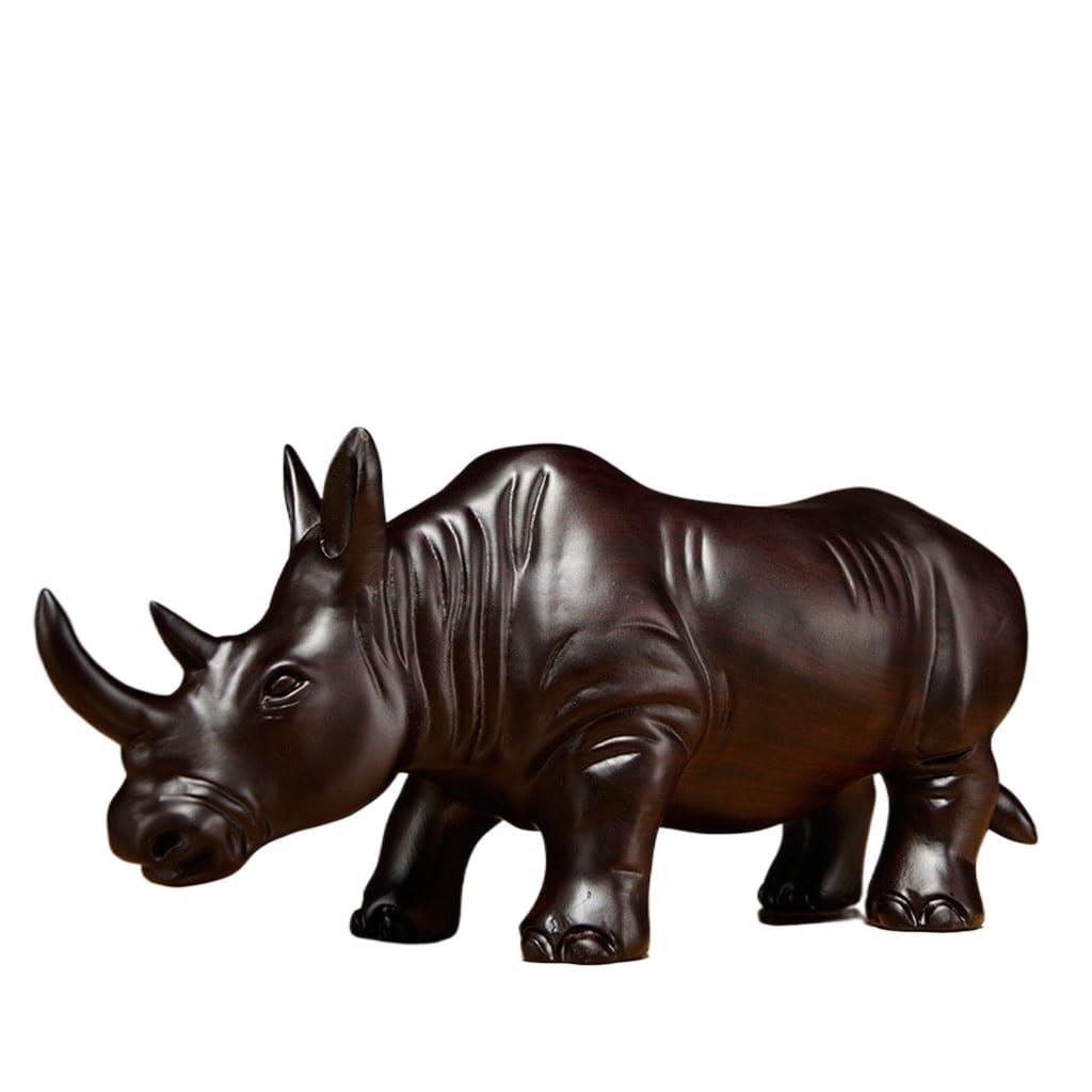 ATREDESES Office Decor Wooden Rhinoceros Ornaments Solid Wood Carving Animals Home Office Desktop Decorations Mahogany Crafts Home Decor(5.9in)
