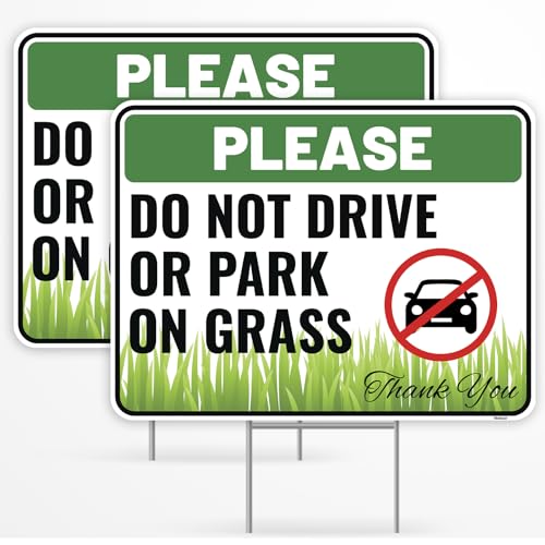 Venicor 2PC Do Not Drive Or Park on Grass Sign with Metal Stakes 12x9 - Corrugated Plastic - Outdoor No Parking On Lawn Yard Sign