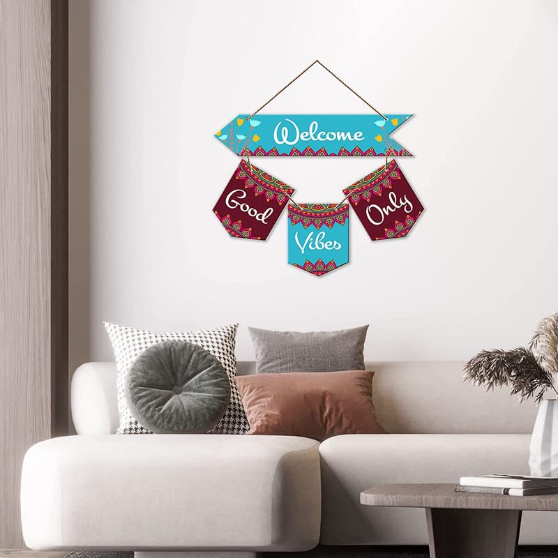 Image of Welcome Good Vibes Quote Decorative Wall Art MDF Wooden Wall Hanger for Living Room | Bedroom | Gifts | Wooden Home Decor Items | Welcome Sign Decoration Quotes Items