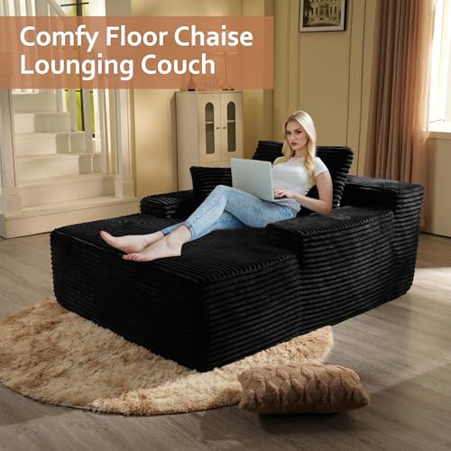 Image of HOOOWOOO Chaise Lounge Sleeping Couch, 48.5x67 Assembly Free Modern Minimalist Sofa, Extra Deep Large Single Seat Sofa, Free Standing Floor Couch in A Box for Living Room (Black Velvet Upholstered)