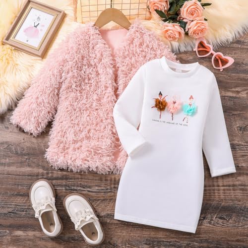 Toddler Shaggy Faux Fur Outwear Little Girls Coat Fleece Jacket Long Sleeve with Long Sleeve Dress Dancer Print Skirt2