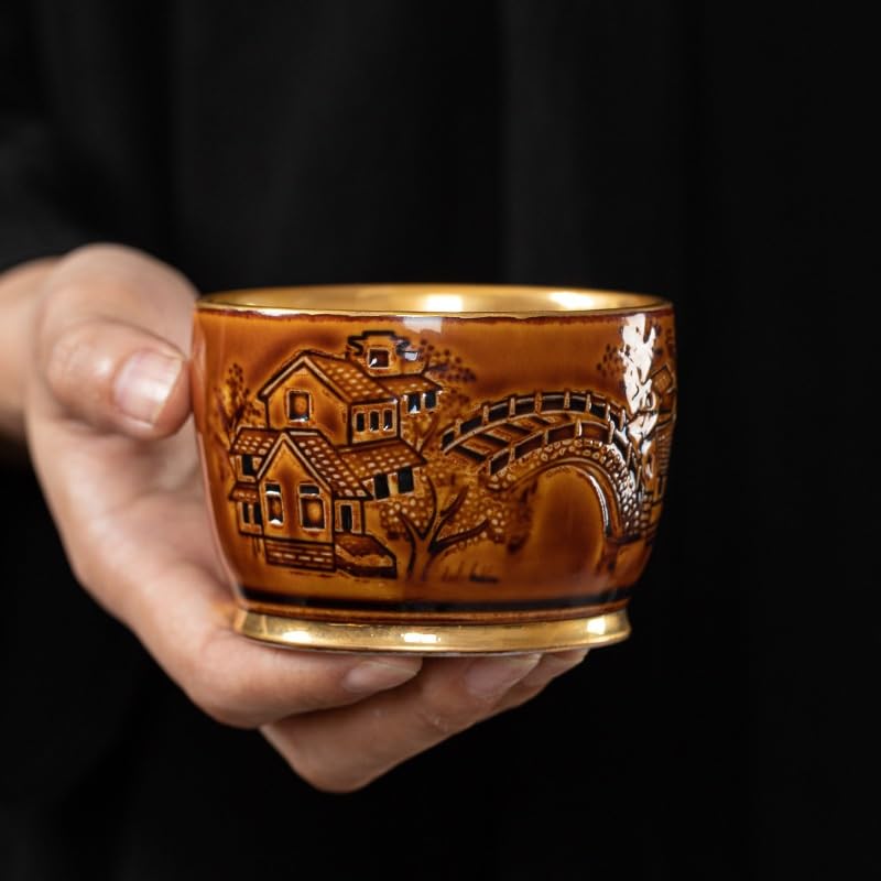 Taza de té Tazón dorado - Juego Celadon Kung Fu cerámica individual for uso doméstico Recipiente for remojo(A)