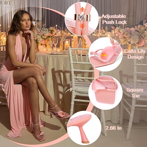 Image of LACIKOSZ Flower Kitten Heel Sandals for Women Calla Lily Green Heels Square Open Toe Floral Strappy Low Heel Sandals Summer Dressy Wedding Shoes