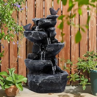 5-Tier Cascading Rock Water Fountain, Outdoor Garden Waterfall Decor with LED Lights, Resin Stone, Built-in Pump, 26.8" H, Ideal for Garden, Patio, Backyard, Deck, Porch, and Home Art Decor 5 Tier