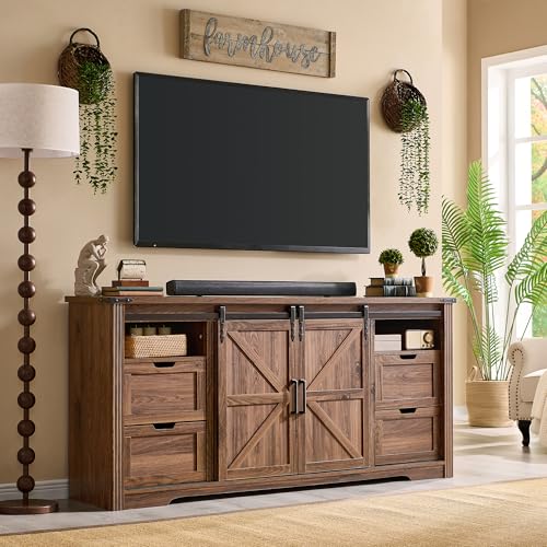 Image of 70 inchFireplace TV Stand, Entertainment Center w /Drawer & Sliding Barn Door | Farmhouse Fireplace TV Stand for 80 Inch TV, 32 inch Tall, 70 Inch Highboy Media Console for Living Room, Brown
